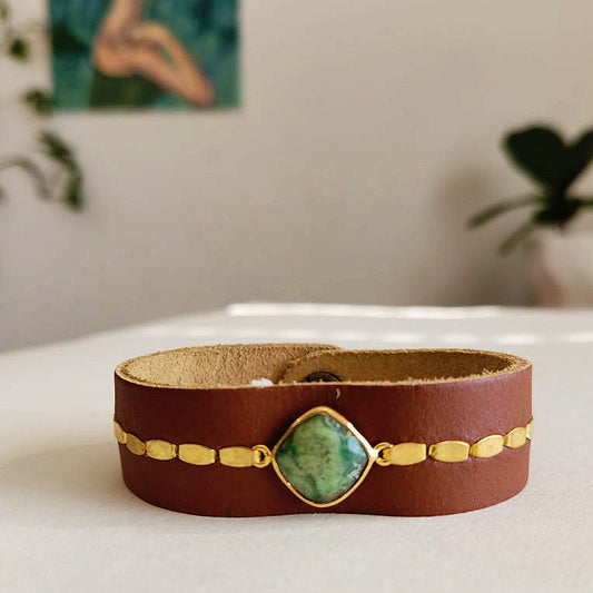 Chrysoprase Diamond Shape Leather Cuff Bracelet