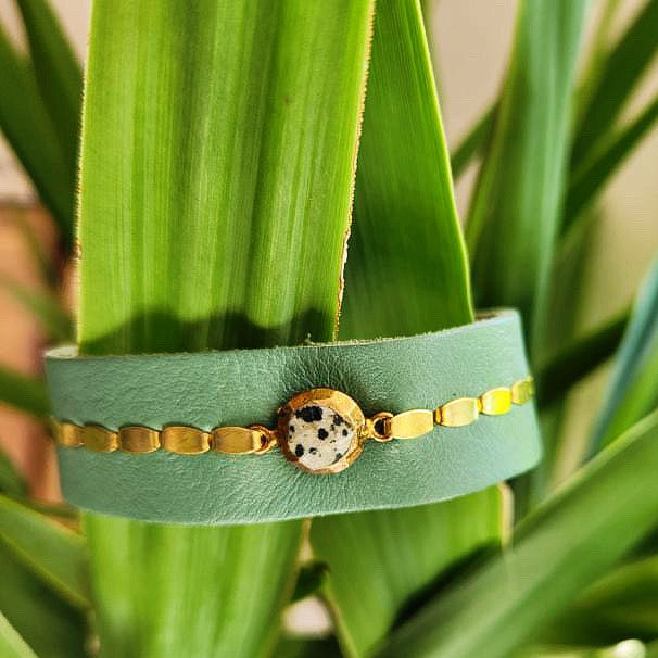 Green Leopard Jasper Leather Cuff Bracelet