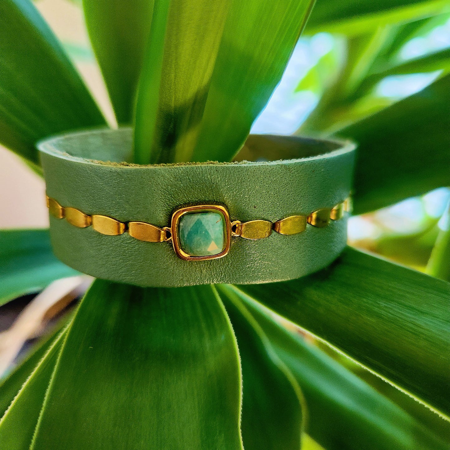 Green Apatite Leather Cuff