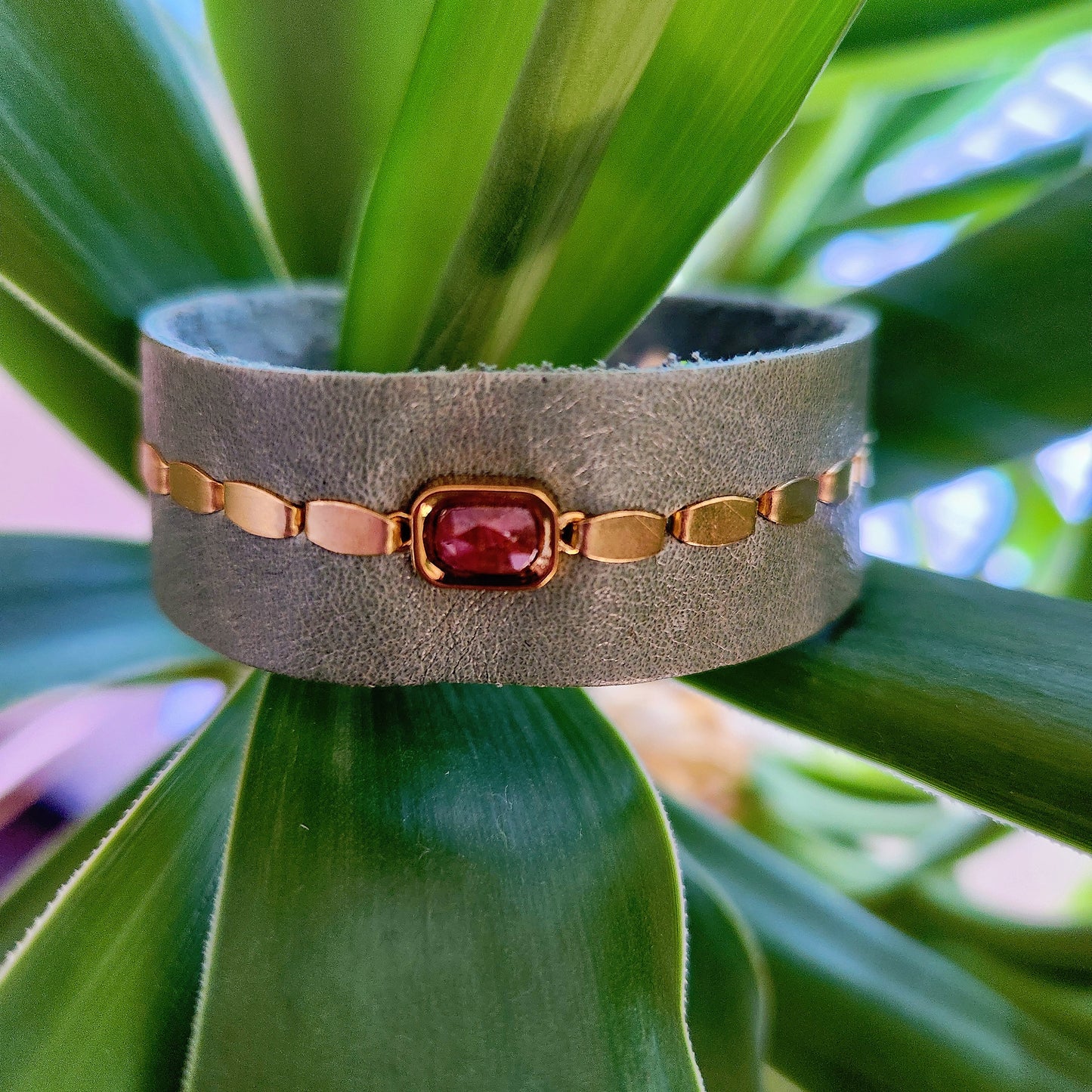 Green Ruby Jasper Leather Cuff