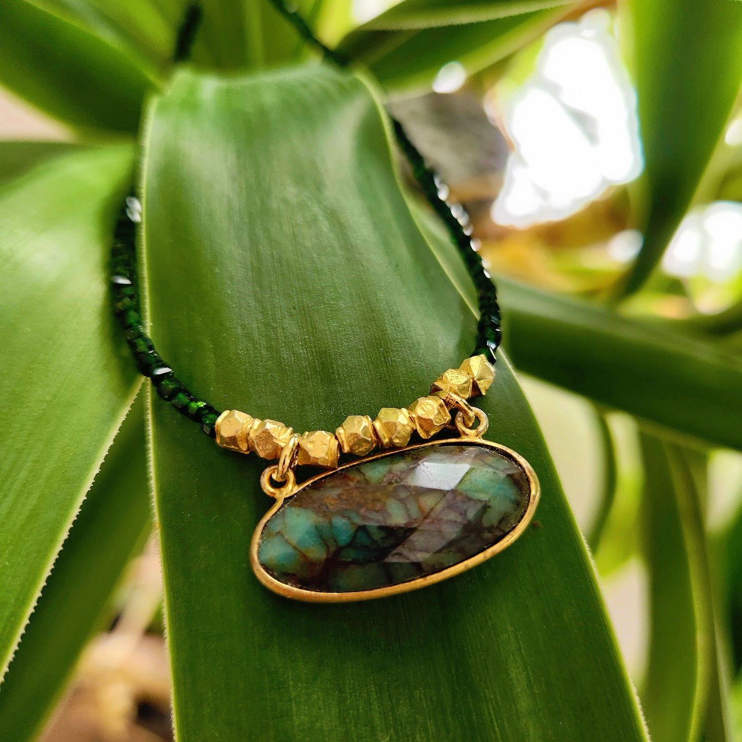 Azurite Malachite Green Goldstone Cube Necklace
