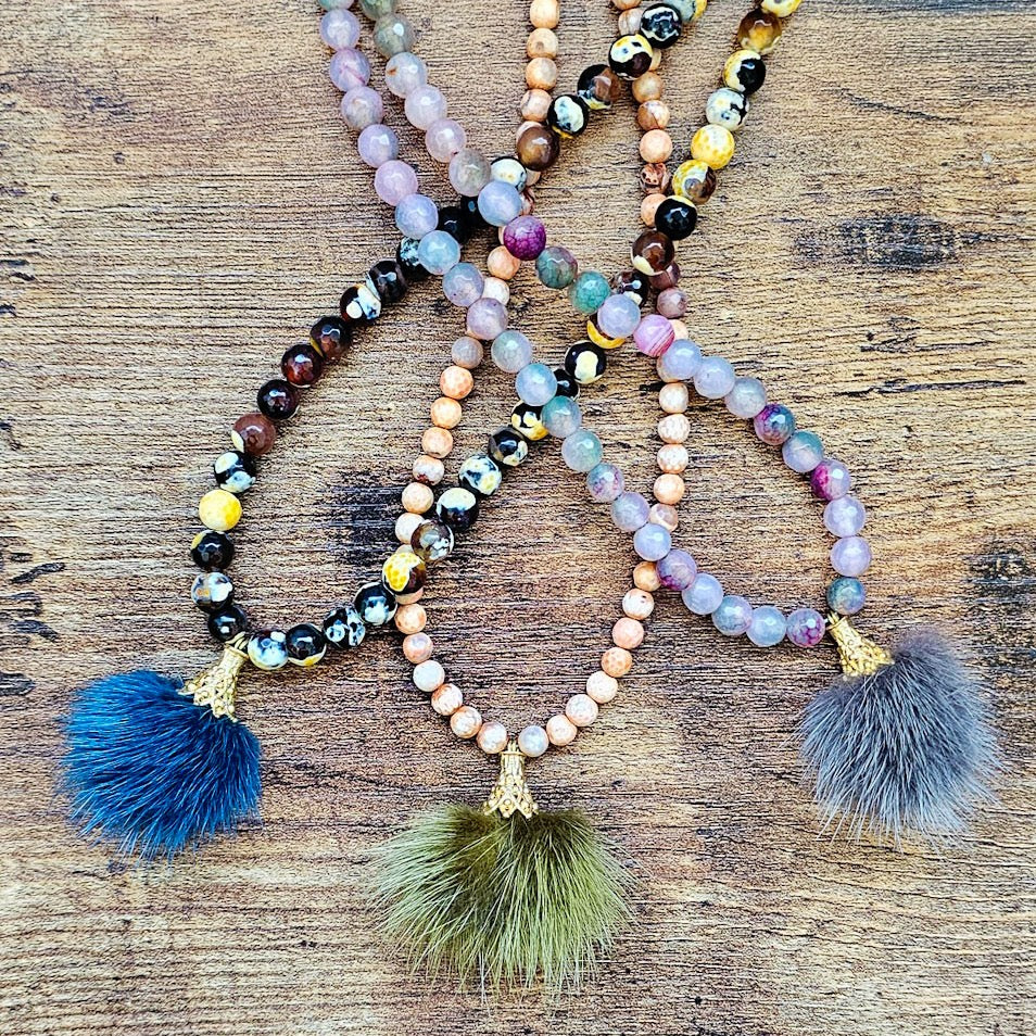 Peach Agate Faux Fur Necklace