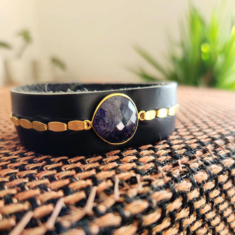 Natural Sapphire Black Leather Cuff Bracelet
