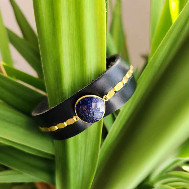 Natural Sapphire Black Leather Cuff Bracelet