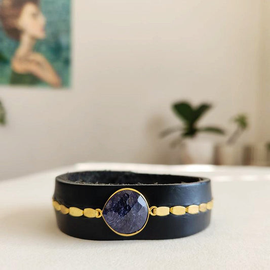 Natural Sapphire Black Leather Cuff Bracelet