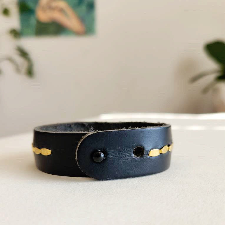 Natural Sapphire Black Leather Cuff Bracelet
