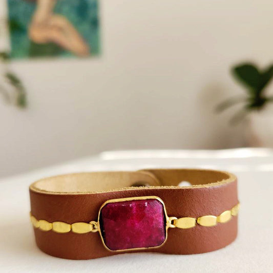 Natural Ruby Brown Leather Cuff Bracelet