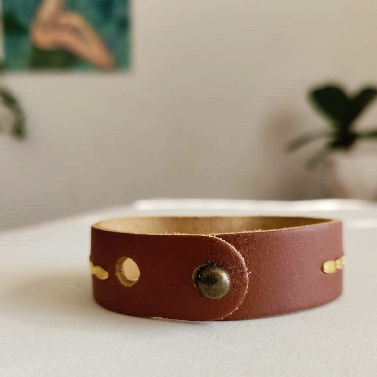 Natural Ruby Brown Leather Cuff Bracelet
