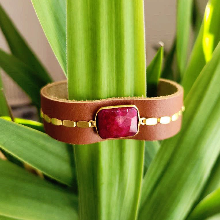 Natural Ruby Brown Leather Cuff Bracelet