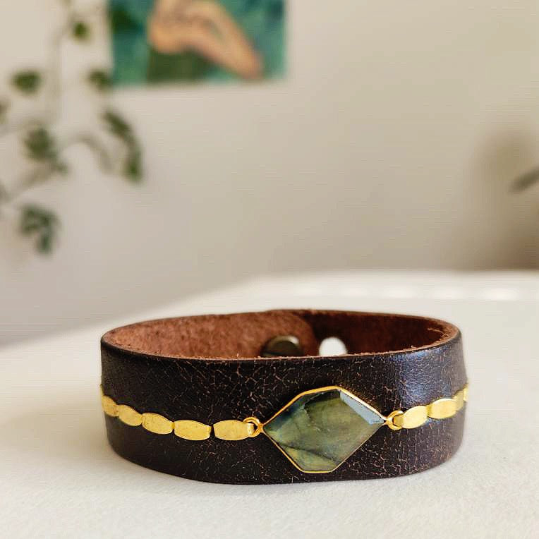Vintage Brown Labradorite Leather Cuff Bracelet