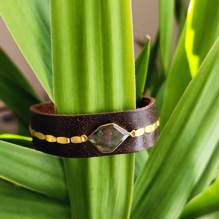 Vintage Brown Labradorite Leather Cuff Bracelet