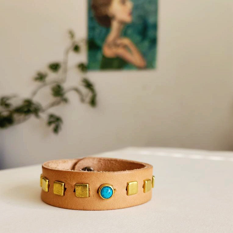 Buff Tan Turquoise Leather Cuff Bracelet