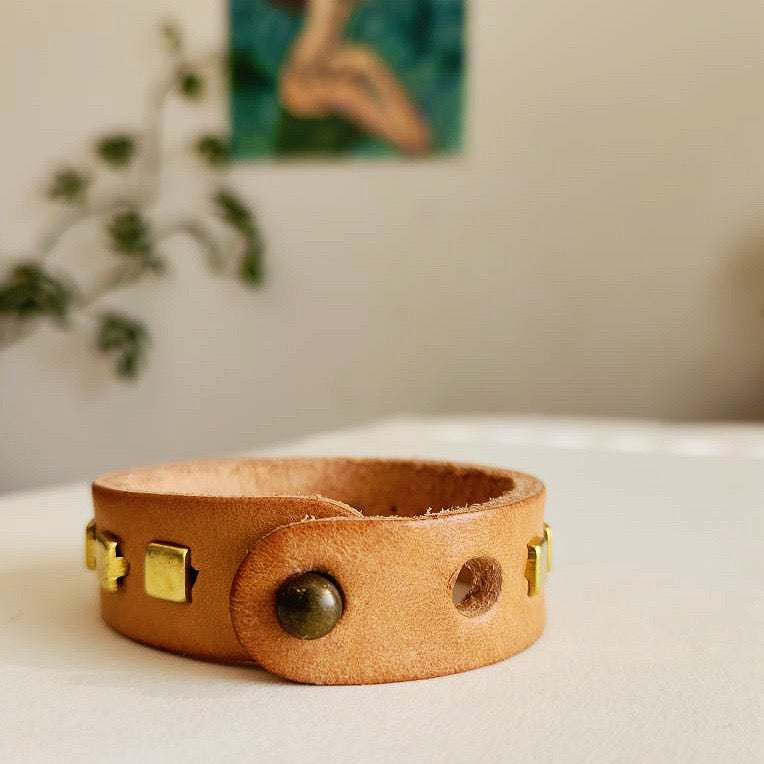 Buff Tan Turquoise Leather Cuff Bracelet