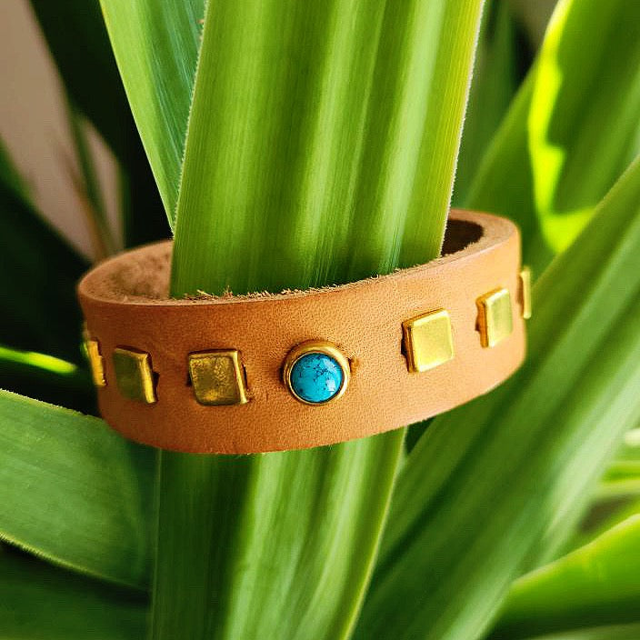 Buff Tan Turquoise Leather Cuff Bracelet
