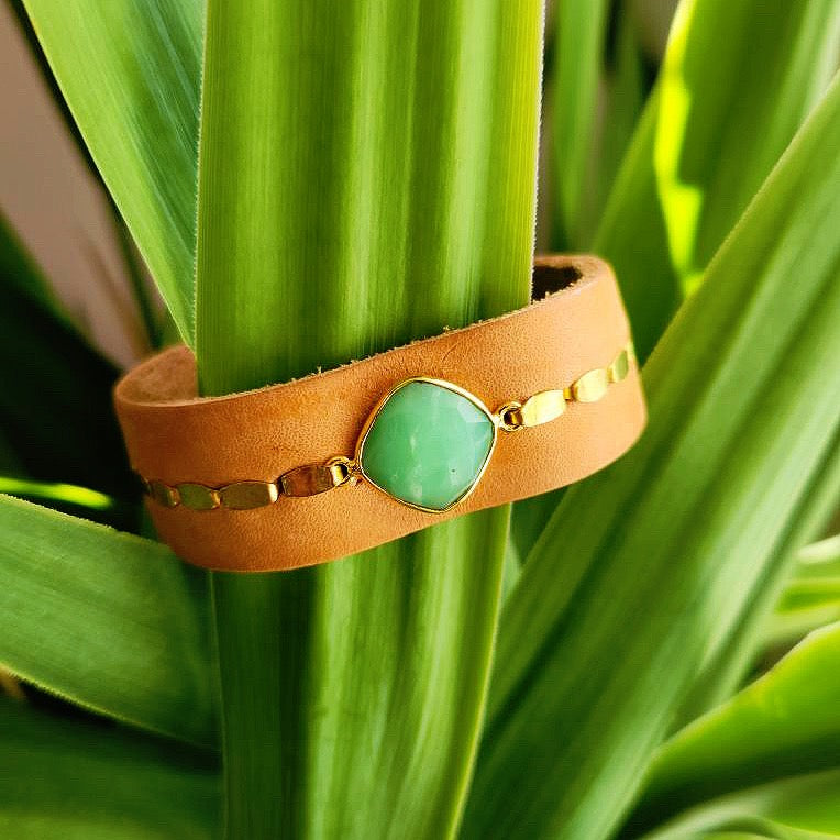 Natural Tan Chrysoprase Diamond Leather Cuff Bracelet