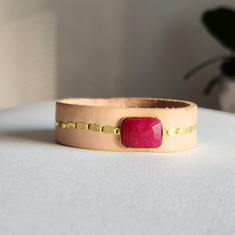 Natural Buff Ruby Leather Cuff Bracelet