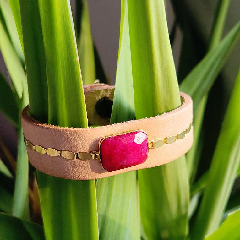 Natural Buff Ruby Leather Cuff Bracelet