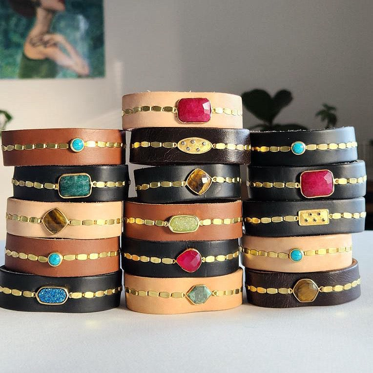 Black Ruby Leather Cuff Bracelet