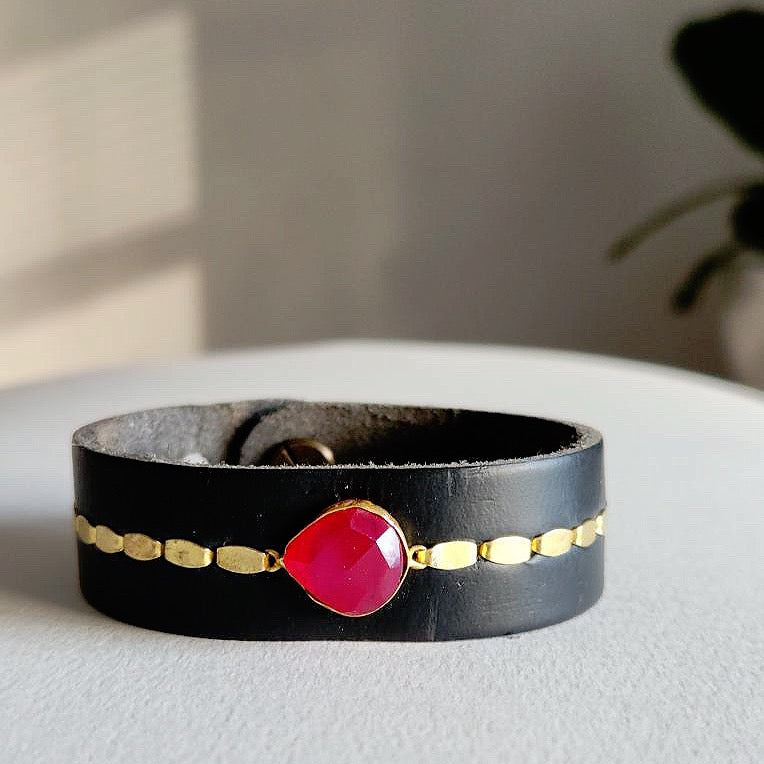 Black Ruby Leather Cuff Bracelet