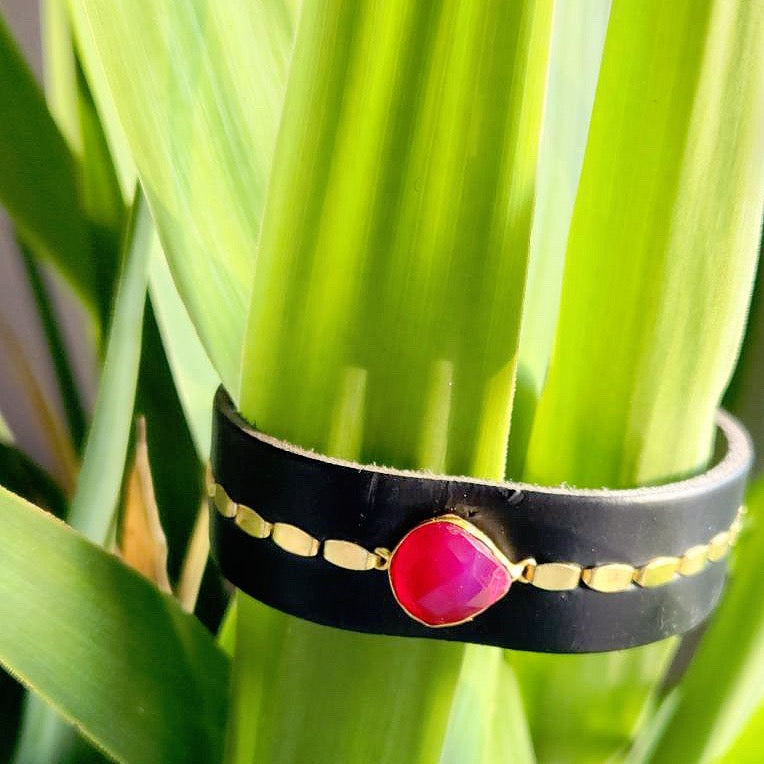 Black Ruby Leather Cuff Bracelet
