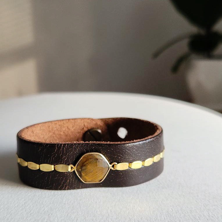 Mocha Leather Tiger Eye Cuff