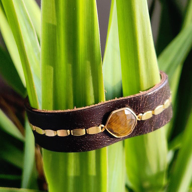 Mocha Leather Tiger Eye Cuff