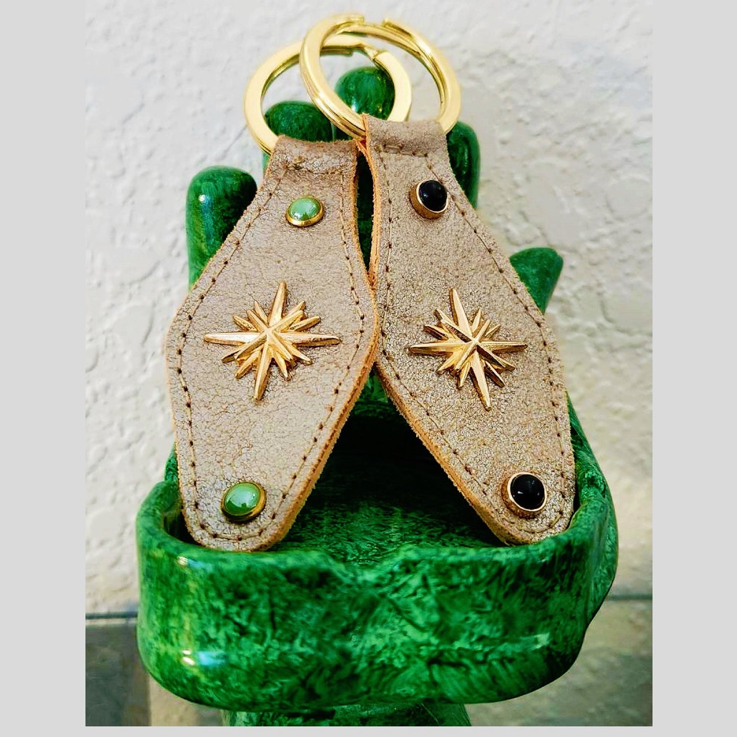 Celestial Leather Key Ring in Vintage Green