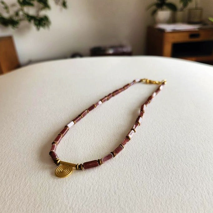 Mauve Jasper with 22 kt gold Overlay Swirl Necklace