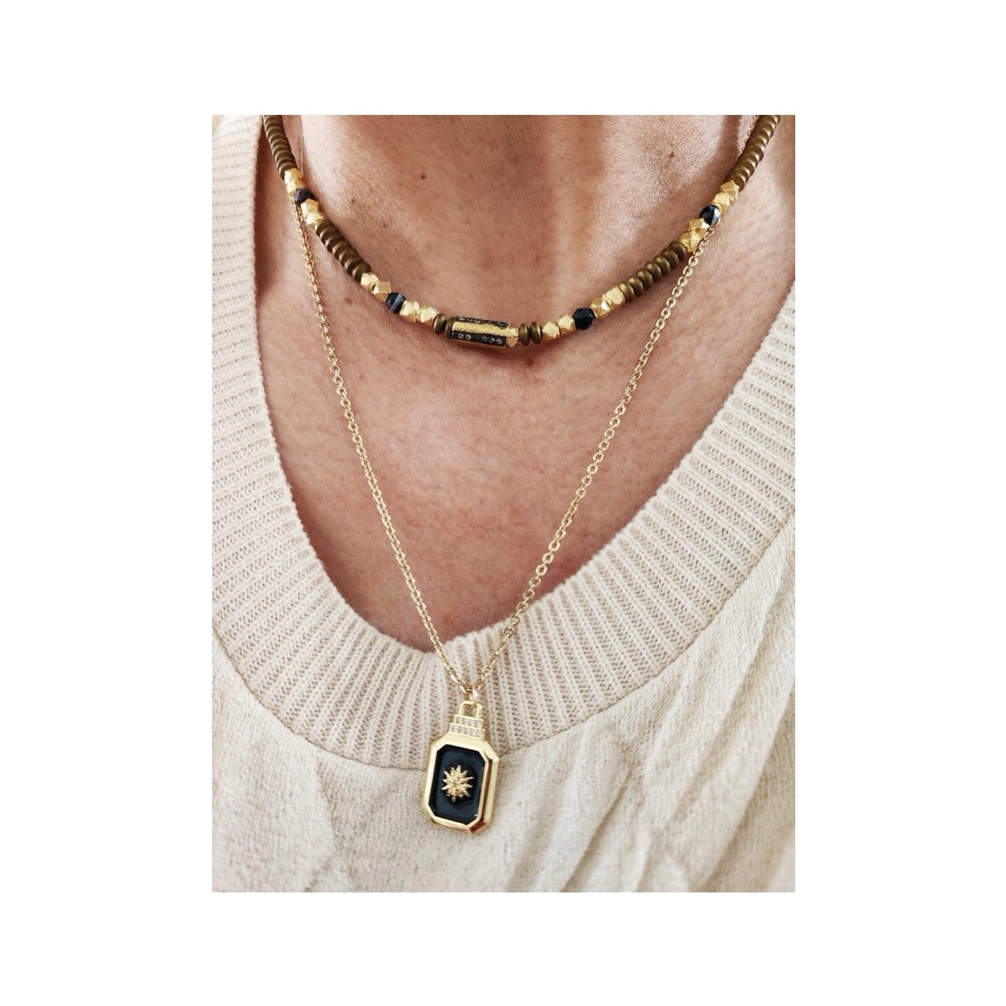 Hematite and Onyx 22kt Gold Overlay Necklace