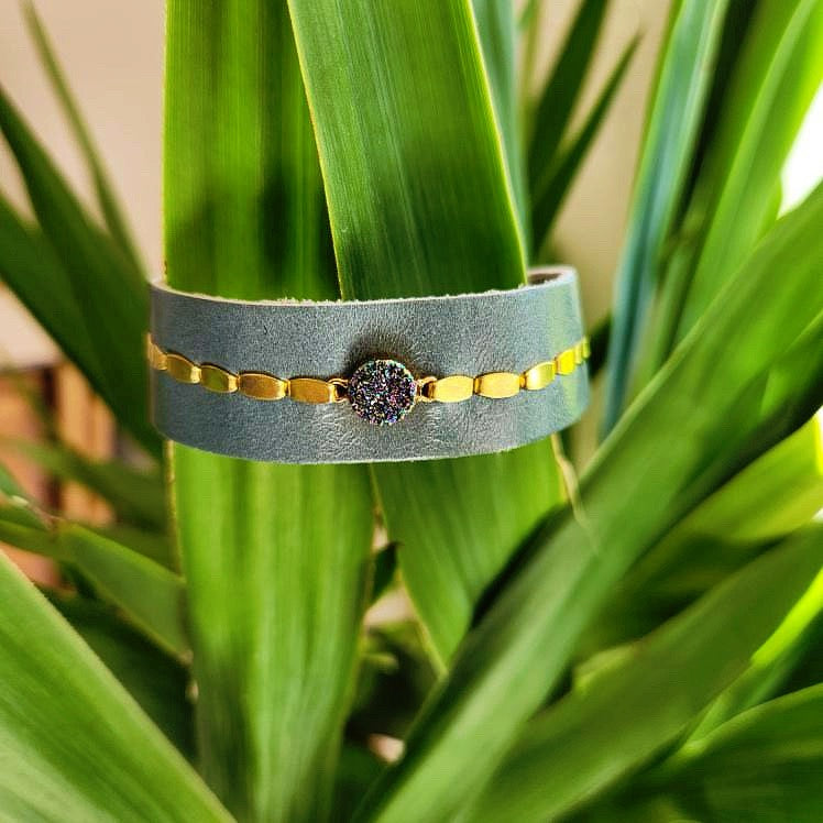 Blue Druzy Leather Cuff Bracelet