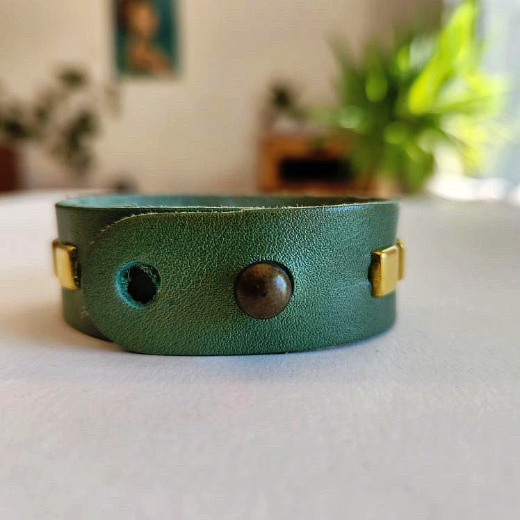 Green Coin Leather Cuff Bracelet