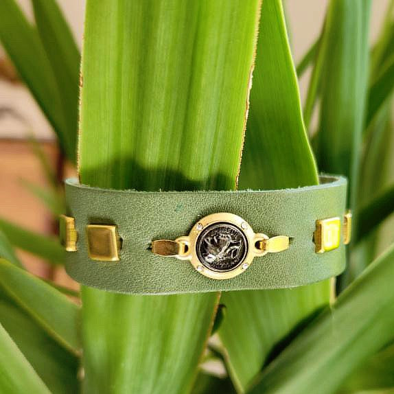 Green Coin Leather Cuff Bracelet