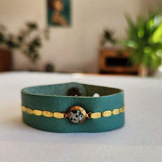Green Leopard Jasper Leather Cuff Bracelet