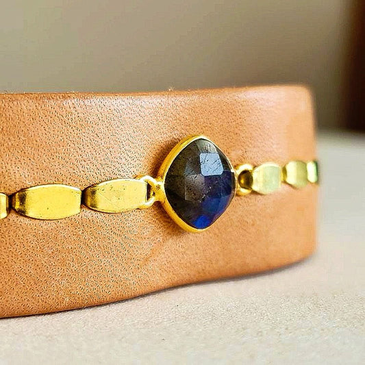 Tan Labordorite Leather Cuff Bracelet