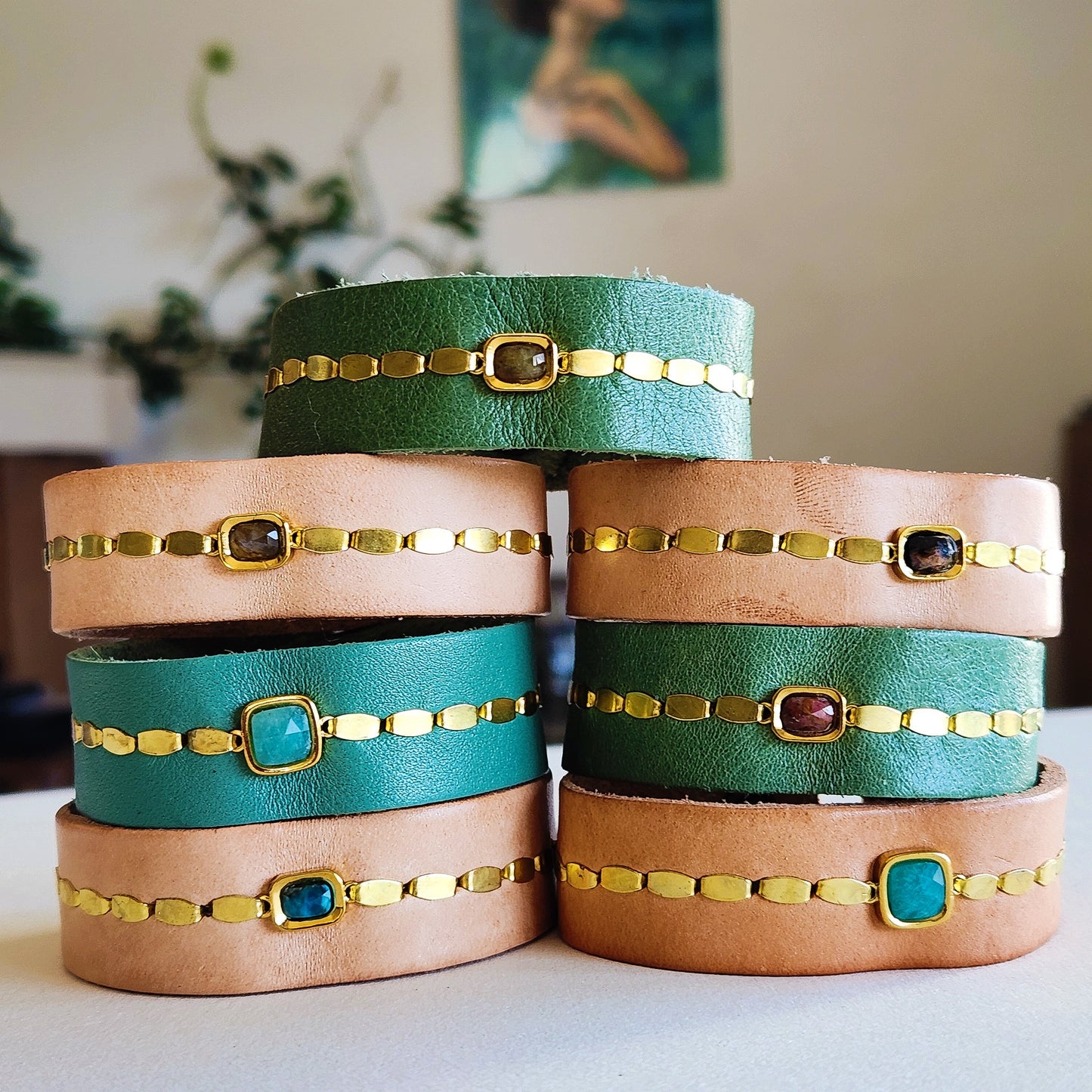 Green Apatite Leather Cuff