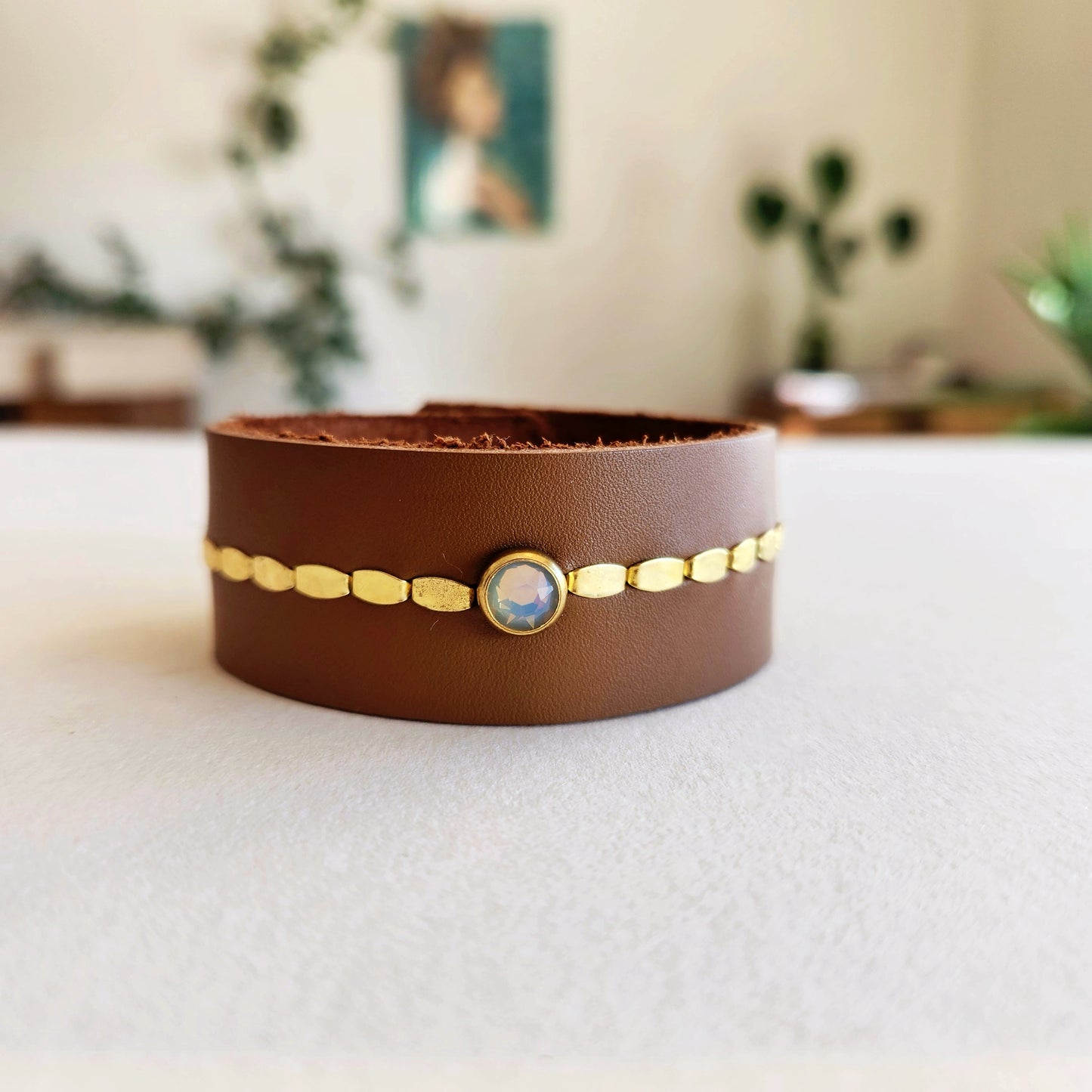 Grey Opal Leather Cuff Bracelet