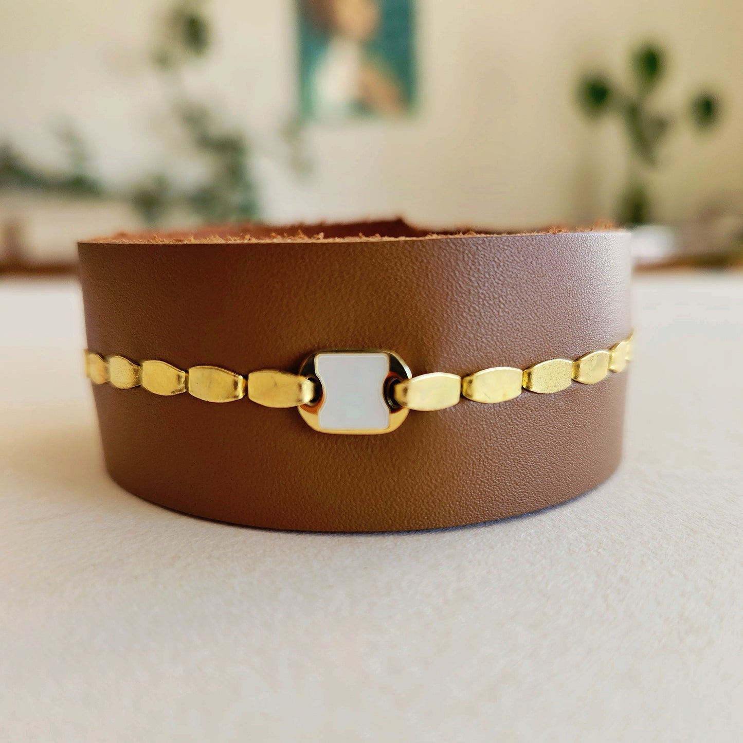 Gold Filled Mother Of Peal Tan Cuff Bracelet