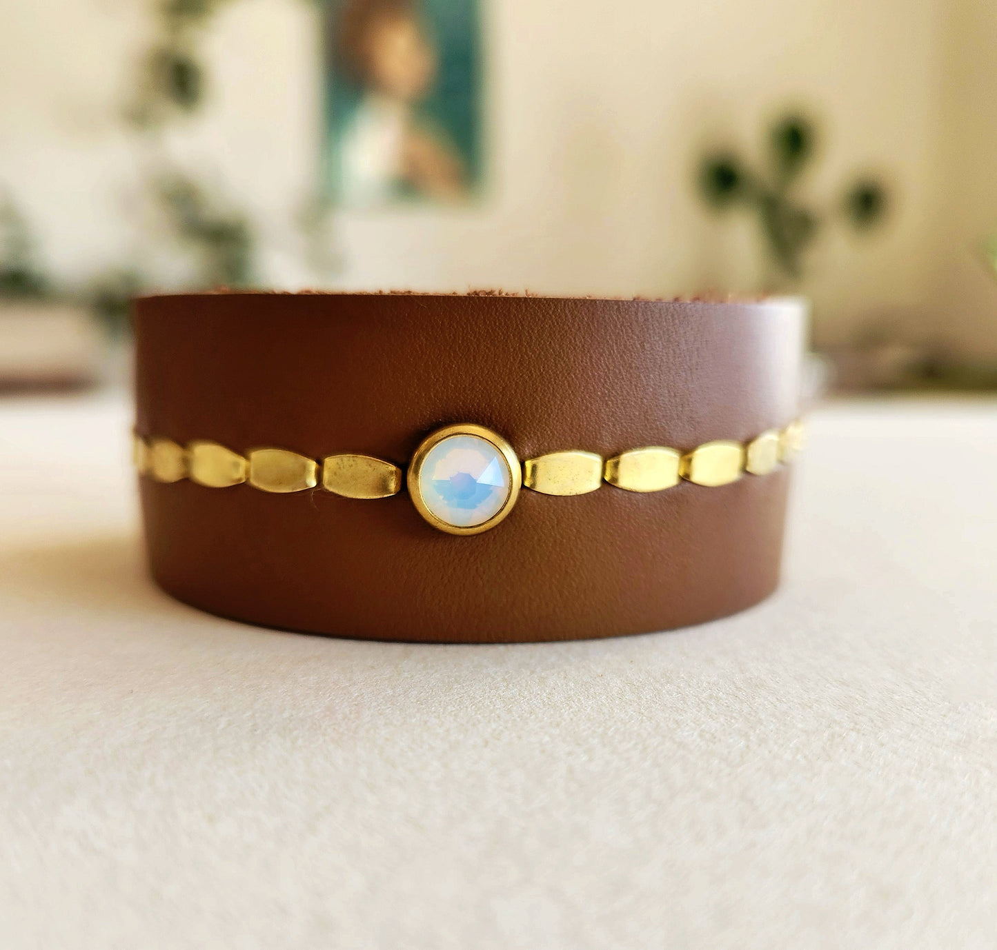 White Opal Leather Cuff Bracelet