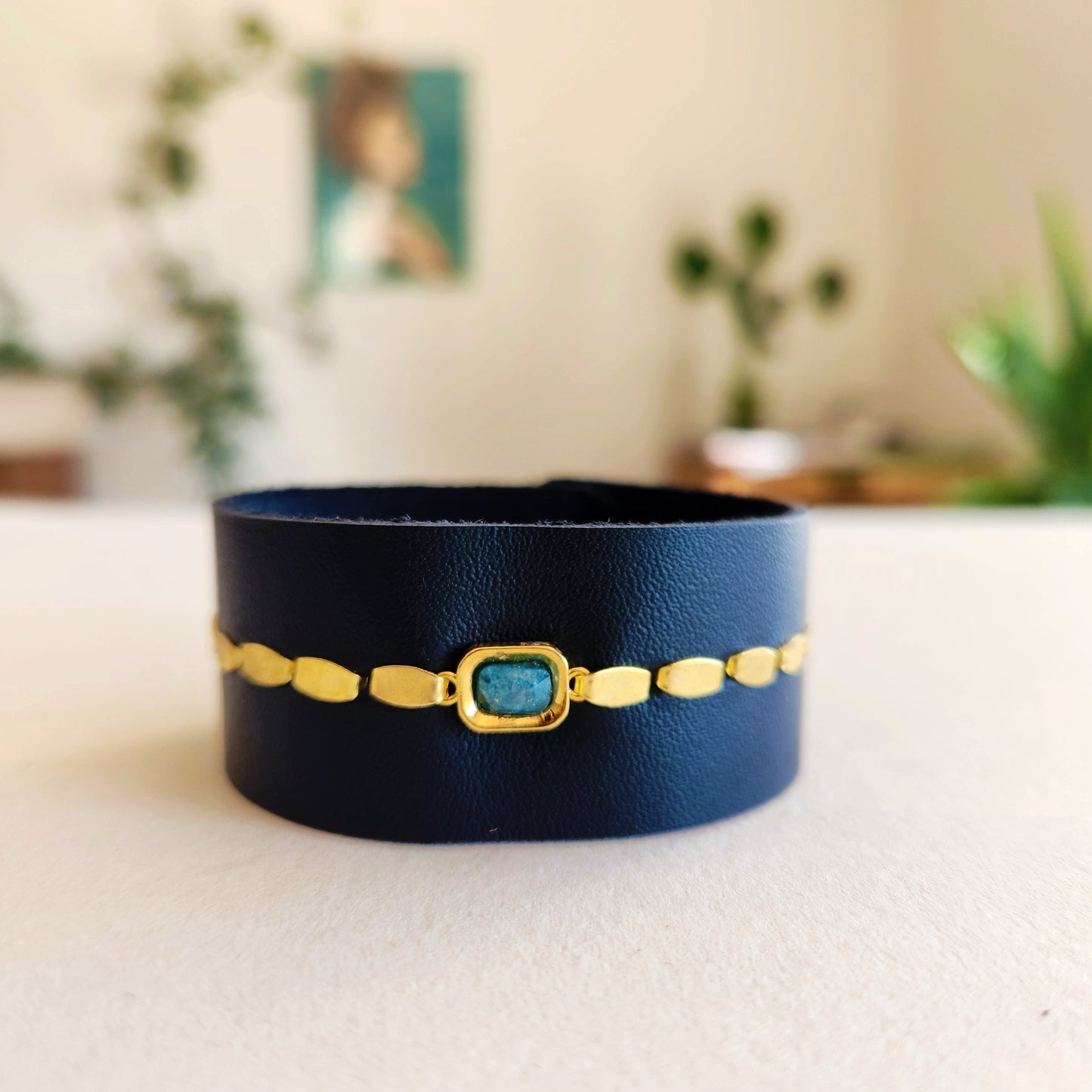 Black Jasper Leather Cuff Bracelet
