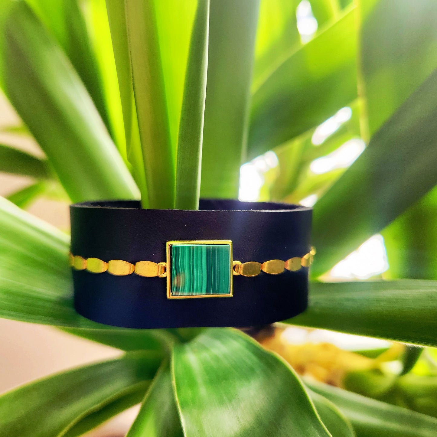 Black Malachite Leather Cuff Bracelet
