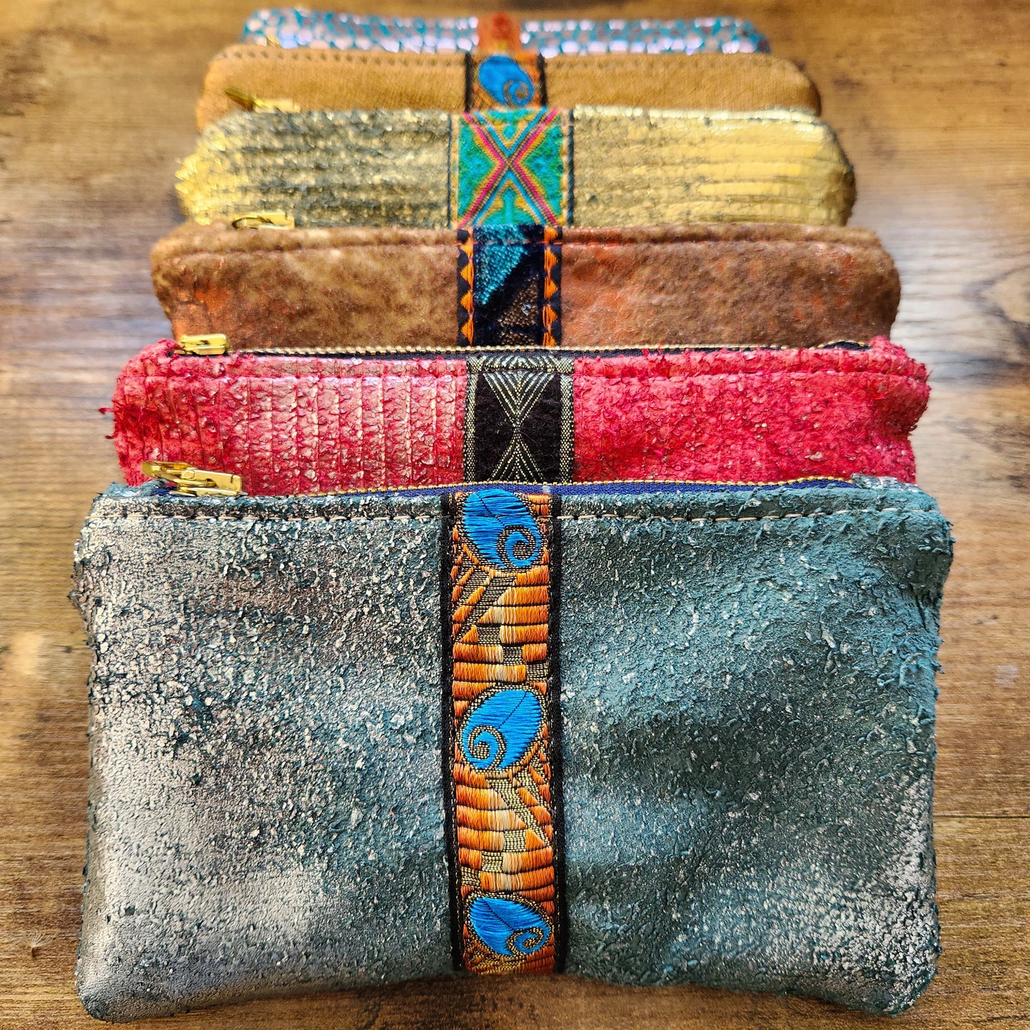 Distressed Pewter Italian Leather With French Trim Pouch