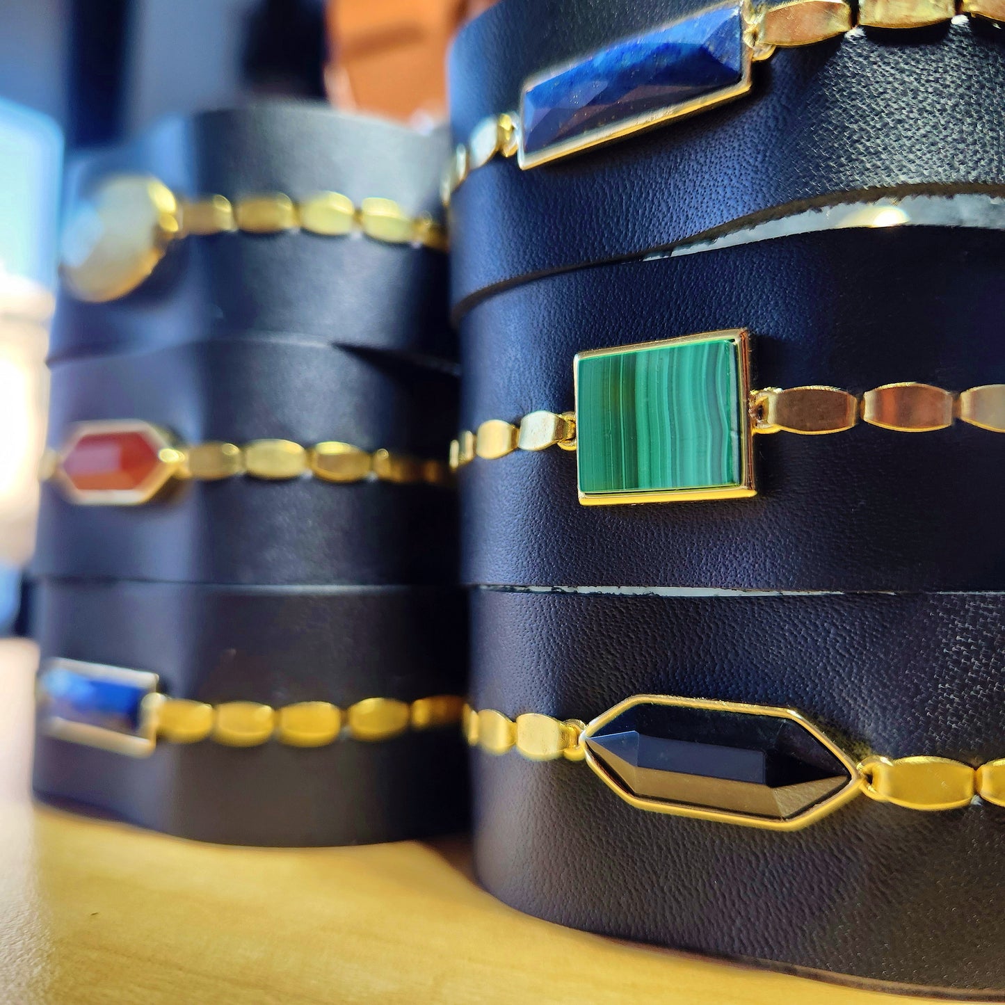 Black Carnelian Leather Cuff Bracelet