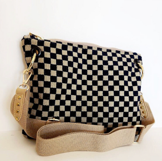 Checkered Navy and Cream Adjustable Crossbody Bag
