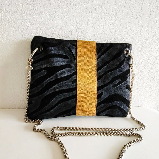 Black and Grey Zebra Crossbody Bag with Camel Snakeprint Focal and High-End Chrome Chain