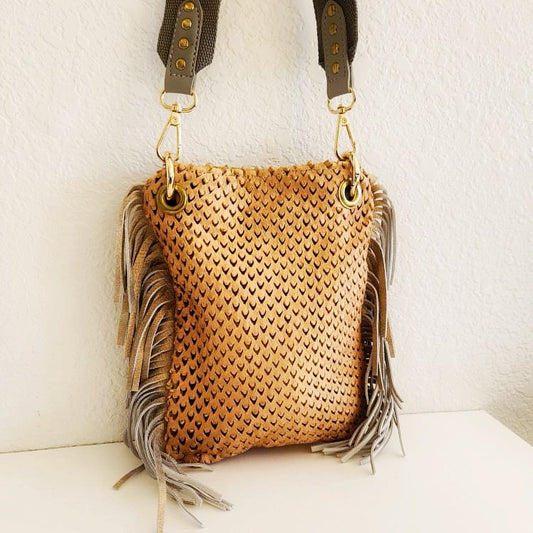 Gold And Pewter Mini Fringed Crossbody Bag