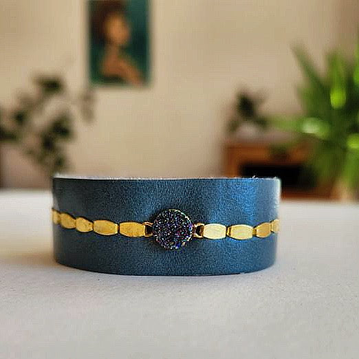 Blue Druzy Leather Cuff Bracelet