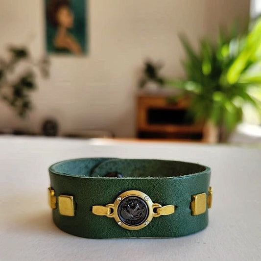 Green Coin Leather Cuff Bracelet