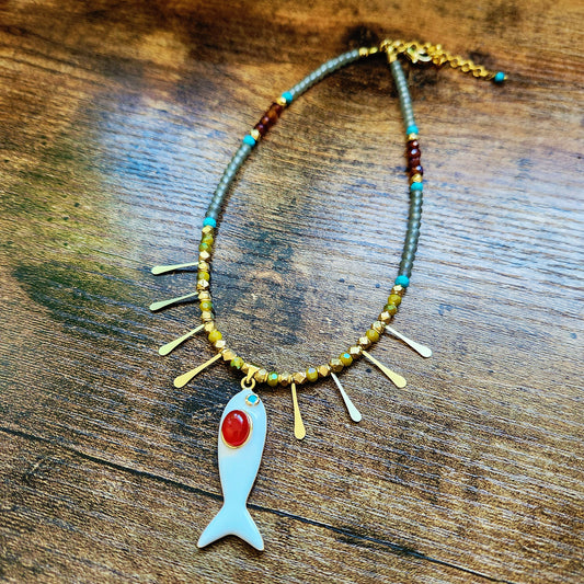 Carnelian And Turquoise Fish Necklace