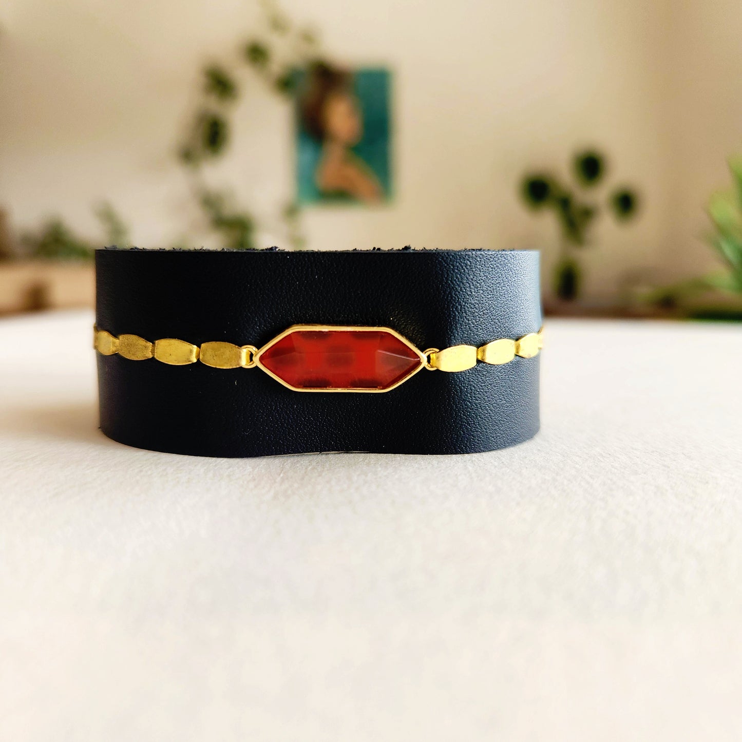 Black Carnelian Leather Cuff Bracelet