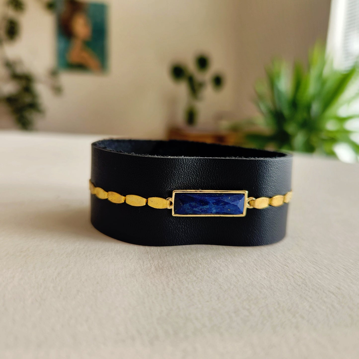 Black Lapis Leather Cuff Bracelet